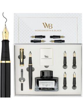 Luxury Fountain Pen Set for Writing, 6 Nibs, Elegant Black & Gold Design